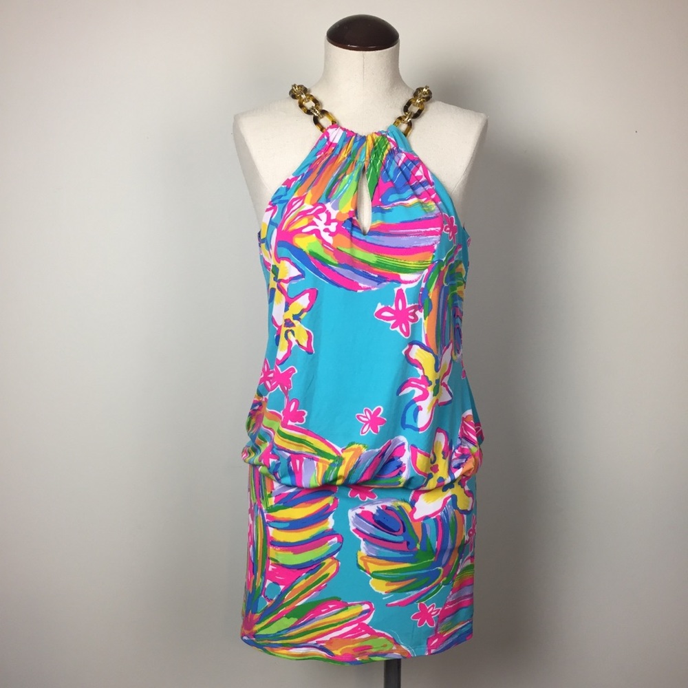 Lilly Pulitzer Turquoise Floral Halter Mini Dress with Gold Chain